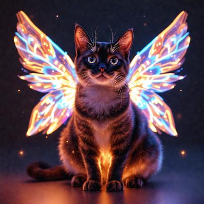 The primary subject of the image is a cat with a blue and orange winged design, sitting on a table. The setting is a dark room, and the visual style appears to be a digital art or illustration. The dominant colors in the image are blue and orange, creating a vibrant and lively atmosphere.